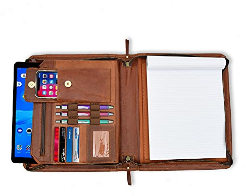 Business-Portfolio, Dokumenten-Organizer aus Vollnarbenleder, mit Schreibblock, für professionelle Interviews, Reißverschluss, Schreibblock, Ordner für Damen und Herren, cognac