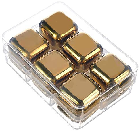 MYSUNBAR 6 Stück Golden Whisky Steine Set, Ice Cubes Metall Kühlsteine, Wiederverwendbare Edelstahl Eiswürfel, Edelstahl 304 Und Mit Aufbewahrungsbox, Für Whisky, Tequila, Wodka, Weiße Trauben