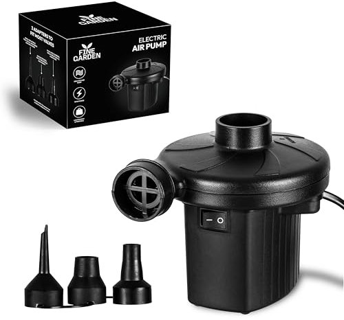 FINE GARDEN Air Pump, AC 240V/150W/50Hz Electric Air Pump High Power With 3 Nozzles/Inflate, Portable Quick Fill Inflator Deflator Pump For Bed Mattress, Airbed, Pools, and Outdoor Use (Black)