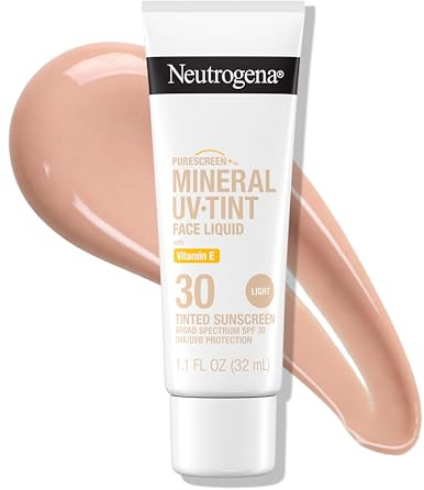 Neutrogena Purescreen+ Tinted Sunscreen for Face SPF 30, Broad Spectrum Mineral Sunscreen with Zinc Oxide & Vitamin E, Water Resistant, Fragrance Free, Light, 1.1 fl oz