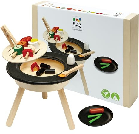 PlanToys® Wooden Barbeque Pretend Cooking Toy for Kids | Kitchen Toy Includes Grill, Food Pieces, Tongs & Charcoal Stove | Montessori Food Role Play Set for Fine Motor Skills & Imaginative Learning
