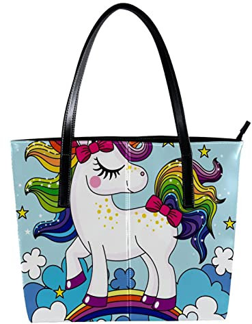 Schultertasche, leicht, lässig, Schultasche, Lehrertasche, Handtasche, Geldbörse, niedliches Einhorn mit buntem Regenbogenhaar, Mehrfarbig