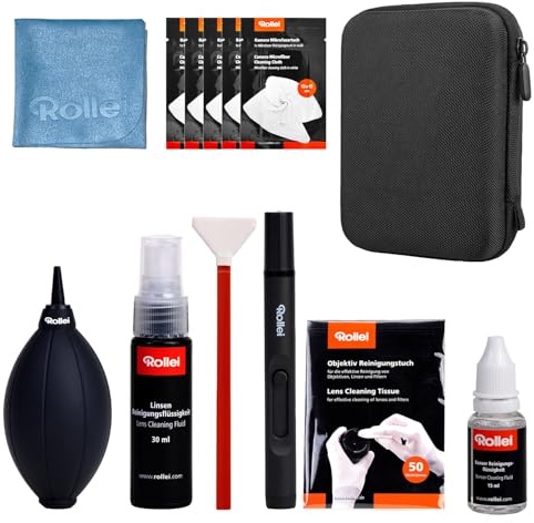 Rollei Sensorreinigungs Kit XL für Vollformat, 8-in-1 Kamera Reinigungsset mit Lenspen Blasebalg Reinigungstücher Reinigungsflüssigkeit Sensorpinsel(24mm) für DSLR Vollformat-Sensor Objektiv Tastatur