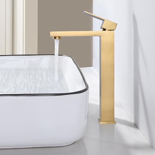 ARCORA Wasserhahn Bad Hoch aus Edelstahl 304, Gold | Hohe Badarmatur mit Keramikkartusche und Strahlregler, für Kalt- und Warmwasser, inkl. Anschlussschläuche, Einlochmontage