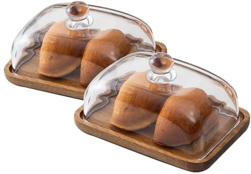 AUEEDS 2 Pack Rectangular Wooden Cake Stand with Glass Dome,Large Mini Cake Plate Holder with Clear Glass Bell,Cake Display Server Tray for Kitchen,Birthday Parties,Weddings,Baking Gifts (4.6 x 7in)