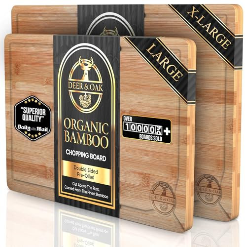 Deer & Oak Wooden Chopping Board Set - 1x Large 38 x 25 x 2cm & 1x XL 43 x 30 x 2cm, Pre Oiled Bamboo Cutting Board Set for Carving Meat, Fish, Vegetables, Chopping Boards for Kitchens