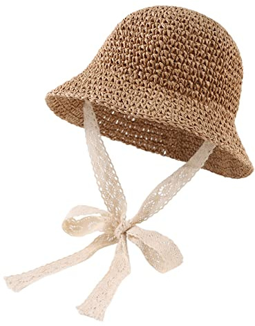 JANGANNSA Baby Girl Straw Hat Outdoor Baby Sun Protection Hats Summer Bowknot Beach Cap for Infant Toddler Girls(Lace Tie-Khaki,6-24 Months)