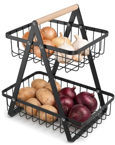 Suusolny Corbeille à fruits à 2 étages en métal avec poignée en bois pour fruits, légumes, collations, pain
