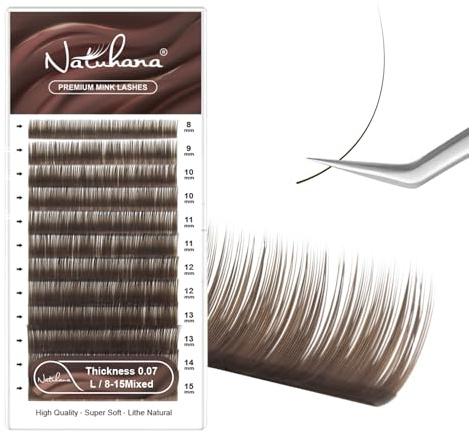 NATUHANA Couleur Extension Cils 0.07mm L Curl 8-15mm Mixte Colorés Individuel Volume Russe Naturel Faux Cils Professionnel Eyelash Extensions (Marron;0,07 L, 8-15 mm)