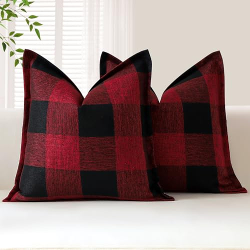 Sungeek 2er Set Buffalo Plaid Tartan Kissenbezüge, Dekorativ Zierkissenbezüge Weihnachten Kariert Kissenbezug Dekokissen Deko Bezug Kissenhülle für Sofa Schlafzimmer Wohnzimmer 60x60cm (Schwarz+Rot)