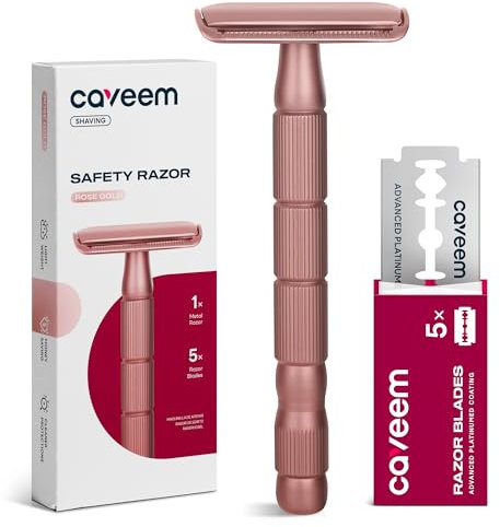 CAVEEM Rasoio di Sicurezza a Doppio Taglio, Rasoi a Lama Singola con 5 Lamette di Sicurezza in Acciaio Inossidabile per Uomo e Donna, Rasoio in Metallo Riutilizzabile - Oro Rosa