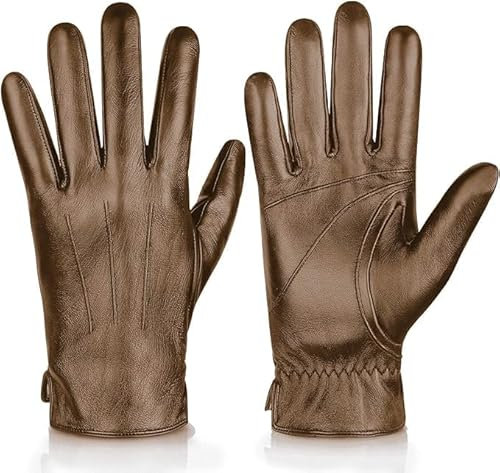 Alepo Echte Schaffell-Lederhandschuhe für Herren, Winter, warm, Touchscreen, Text, Kaschmir, gefüttert, Khaki, Medium