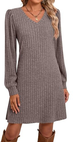 Ficerd Women's Knit Long Sleeve Sweater Dress Casual V Neck Tunic Dresses Fall Trendy Outfits(Coffee,M)
