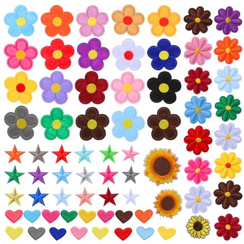LLOUSSAK Aufbügelpatches, 71 Stück Aufnäher Stern Blume Herz Set, Star Aufbügelbilder, Blume Aufnäher zum Aufbügeln für Kleidung Jeans Hut Dekoration DIY Rucksack Zubehör