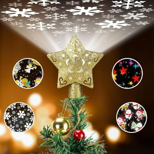 Christmas Tree Topper Projector Light, Christmas Tree Topper Lighted with 4 Projection Modes, Christmas Tree Star Topper Built-in LED Rotating Lights for Home Holiday Party Xmas Tree Decorations (A)