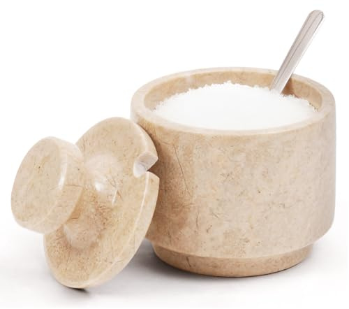 MARBLOUS KRAFTS Saltbehållare i marmor med lock och sked 3 tum Verona-peppar, kryddor och kryddburkar för köksförvaring, perfekt sockerskål och saltlåda bänkskiva, present till henne