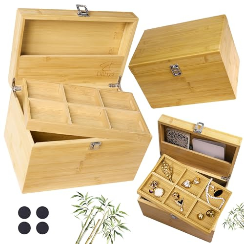 Elithys I Bambus Holzkiste mit Deckel Gross I Anpassbares Bambus box Design mit verstellbaren Trennwänden und Schloss / 30 x 20 x 20 Erinnerungsbox für Hochzeiten und Geburt