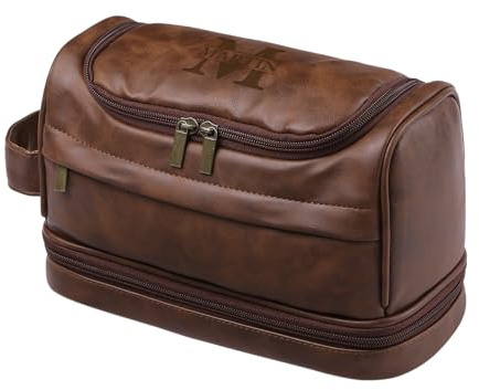 Gaosh Personalisierter Kulturbeutel Herren zum Aufhängen PU-Leder kulturtasche mit Namen Reisetasche Waschtasche Große für Männer Papa Groomsmen Personalisierte Geschenke (Braun)