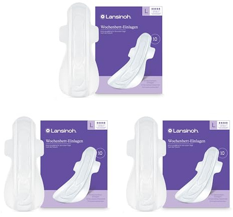 Lansinoh Wochenbett-Einlagen - 10 Stück - extra saugfähig & atmungsaktiv - für starken Wochenfluss & die ersten Tage nach der Geburt (Packung mit 3)