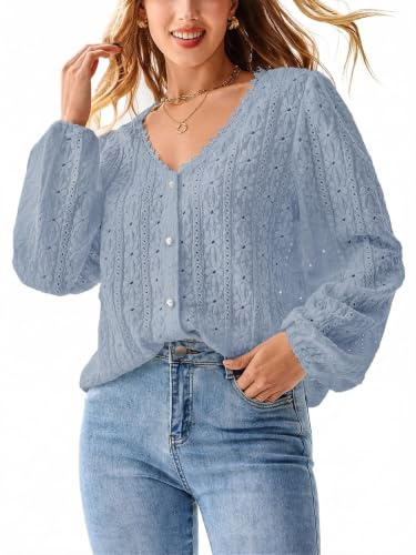 CUPSHE Camicette da donna con scollo a V a sbuffo a maniche lunghe da donna top in maglia con occhielli in pizzo elegante tunica da donna camicette camicie, Azzurro, S