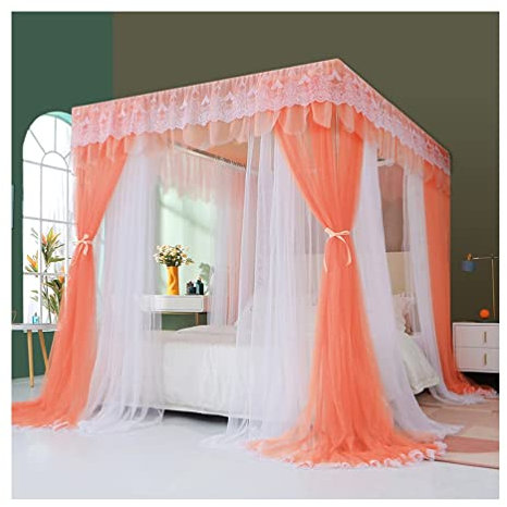Toldo de cama de lujo para camas individual/Queen/King, color naranja, mosquitera de 4 postes con soporte de metal, elegante cortina de cama estilo palacio, tamaño 150 x 200 cm