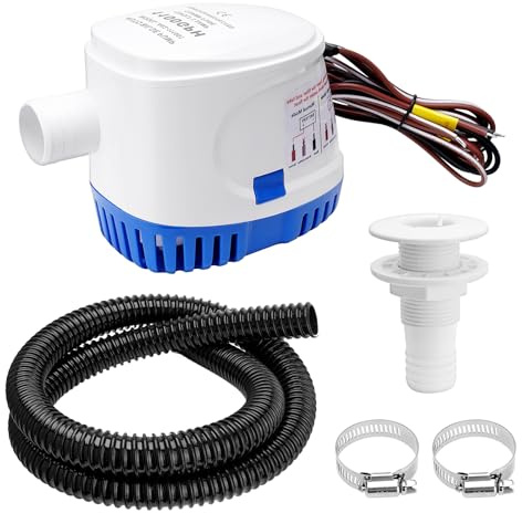 1100GPH 12V Automatic Boat Bilge Pumping Kit, 1-1/8 Inch Electric Bilge Water Pump, 6FT Hose, 2 Stainless Steel Hose Clamps and Thru-Hull Fitting, for Fishing Boats, Runabouts, Yachts, Cruisers