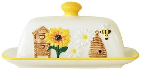 Sunflower Bee Butter Dish with Lid Ceramic Butter Dishes Yellow Butter Serving Butter Container, Keeper Butter Thick-
