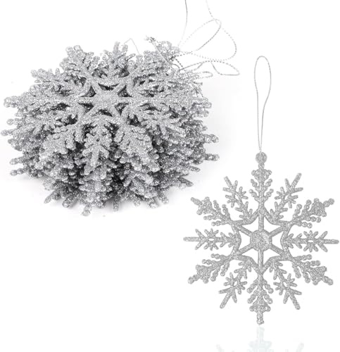 SULOLI 12 Piezas Decoración de Copos de Nieve，Adornos de Copo de Nieve con Purpurina,Colgante de Copo de Nieve，Decoraciones Utilizadas para Colgar en el Àrbol de Navidad, Hogar, Empresa（Plata）