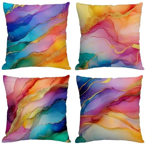 Kissen Bunt Kissenbezug 70x70 cm Groß Kissen 4er Set Wetterfest Leinen Kissenhüllen Marmor Pillow Quadratische Cushion Covers für Garten Sofa Wohnzimmer Schlafzimmer Bett Büro Zuhause Dekor m-48
