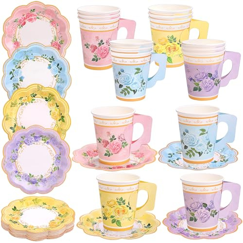 Vivantia 24 Pieces Floral Tea Party Cups and Saucers 9 Oz Vintage Paper Tea Cups with Handles and 6 Inch Plates Disposable Blossom Teacups and Saucers Sets Serve 12 for Birthday Wedding Baby Shower