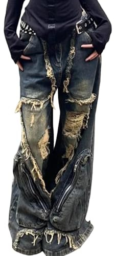 Y2k Retro Niche Baggy deconstruction Tassel Ripped Jeans Men's and Women's Large Pocket Design Sense Work Pants (Blue,Medium)