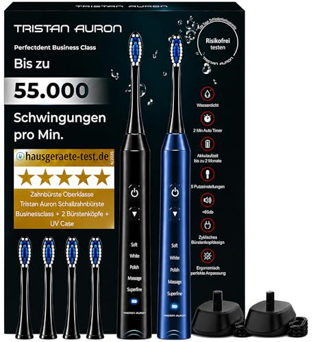 Elektrische Schallzahnbürste 55000 Schwingungen, risikofrei 100 Tage testen | Tristan Auron Business Class Doppelpack (blau/schwarz), Beste Reisezahnbürste, 60 Tage Akku, IPX7, 5 Putzmodi, 4 Bürstenköpfe