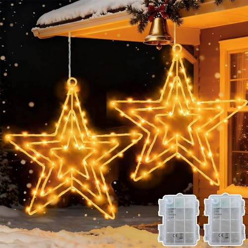 Joycome Luci Natale Esterno Batteria, 2 Pezzi 75 LED Stella di Natale Luminosa con Timer, Stella Luminosa Led Natalizie, Impermeabile Luci Natalizie Stelle per Esterno, Interno, Finestre, Poggiolo
