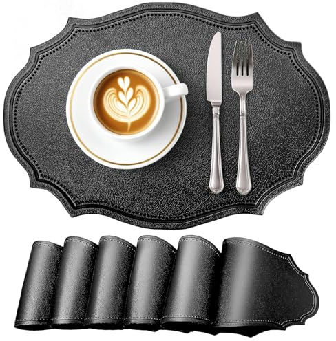 fanquare Retro Black Oval Faux Leather Table Mats Set of 6 | Waterproof Heat-Resistant Non-slip placemats for Indoors Outdoors Dining Kitchen (43x29.5CM)