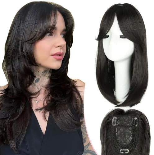 XFSRG Topper Capelli Veri Donne Clip in Naturale Testa Morbida Umani Toupet Capelli Lisci per Cosplay Quotidiano(4# Nero-marrone)