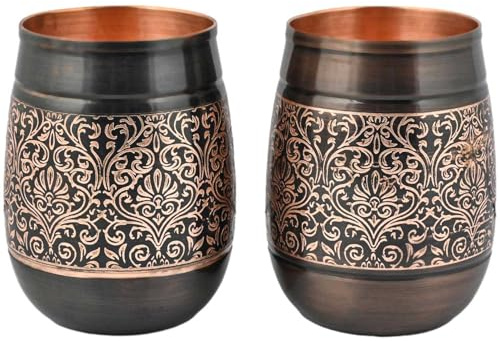 ANCIENTIMPEX Kupferbecher, 2er-Set, Blumenmuster, 250 ml Fassungsvermögen, für Ayurveda-Gesundheitsvorteile (Fass) geformt.