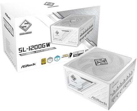 ASRock Steel Legend SL-1200GW 1200W 80 Plus Gold & Cybenetics Platinum Full Modular Power Supply ATX3.1 PCIe5.1 Ready with Dual Color 12V-2x6 Cable 10 Years Warranty White Edition Japanese Capacitor
