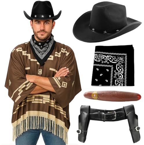 Cowboykostym för vuxna – X-Large – mörkbrun poncho, svart stjärnprydd cowboyhatt, svart bandana, vapenhölster, falsk cigarr – herr vild väst bandit pistoler västerländsk maskeraddräkt