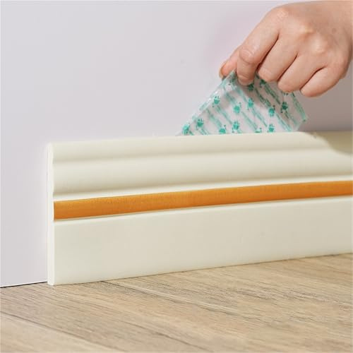 16.4FT Upgrade Wall Base Molding Trim Peel and Stick Rubber Baseboard Moulding for Vinyl Caulk and Strips Cover for Floor(Creamy White,120mm)(Creamy White with Gold,98mm)