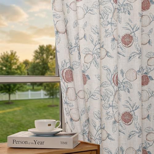 XWZO Toile Linen Curtains for Living Room French Country Blue Floral Block Print Light Filtering Curtain 84 Inch Length Rustic Flower Patterned Window Drapes Set 2 Panels