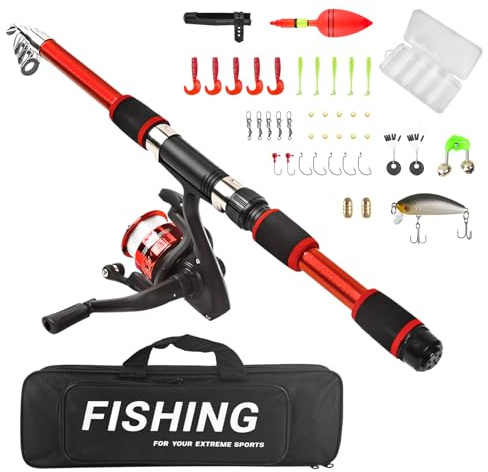 1.8M Angelrute Teleskop Spinnrute mit Angeln Rute Rolle Kombi Angelköder-Zubehör Tragetasche Fishing Rod Anfänger für Salzwasser-Süßwasser