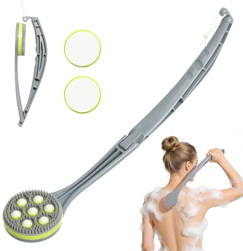 Crema aiuto per la schiena con 2 teste in EVA e sfera massaggiante – Spazzola da bagno per la cura della pelle, applicazione uniforme di lozione durante la doccia