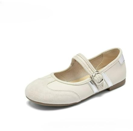 MACEFIL Women's Sporty Mary Jane Shoes Retro Ballet Flats Comfortable Soft Sole Walking Sneakers Suede Toe Casual Loafers (Beige,8.5)