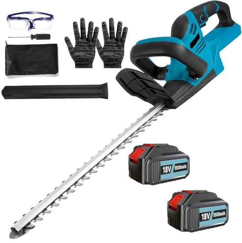 Akku Heckenschere Ersatz für Makita DUH523RF,DUH751Z, mit Akku und Ladegerät 2x5500mAh18V Elektro Grasschere mit Dual Schnitt für Heckenscheren, Baumscheren