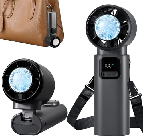 Mini Ventilateur Portable, Ventilateur de Poche USB Rechargeable | Ventilateur a Main avec écran LED, 6000mAh Ventilateur, Pliable Ventilateur pour Le Plein Air, Le Camping, Bureaux(Noir)