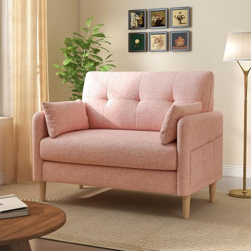 Urhanherry Sofa 2 Sitzer, Couch mit Abnehmbaren Sofabezügen, Modernes Sofa mit Kissen und Seitentasche, geeignet für Büro, Wohnzimmer, Schlafzimmer, Einfache Montage, 120x76.5x95.5 cm, Rosa