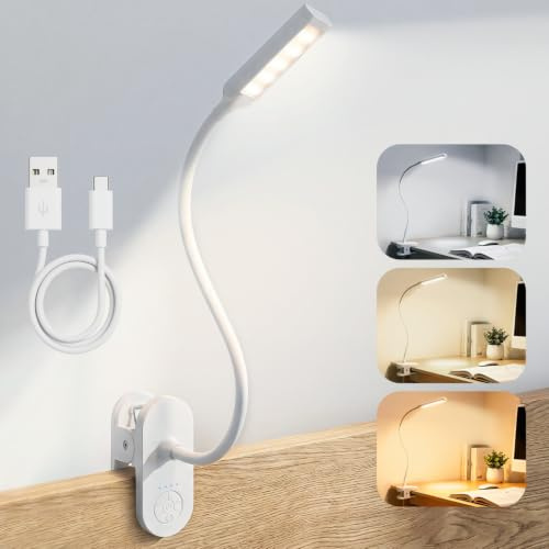 Akku-Klemmlampe, 40 LED Leselampe Bett, 10 Helligkeitsstufen, 3 Lichtfarben | 3000-mAh-Akku, USB-C, 6-cm-Klemme und 38 cm flexibler Schwanenhals – ideal fürs Bett, den Schreibtisch und Camping