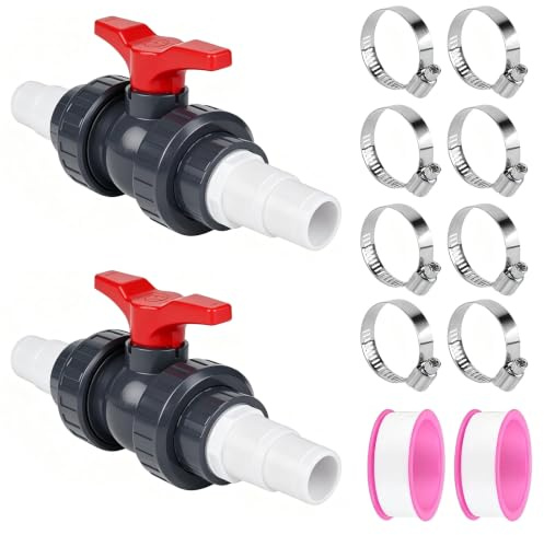 Meenewching PVC Kugelhahn 50mm 2 Stück mit 32-38mm Schlauchanschluss | Absperrventil 1 1/2 für Poolschlauch, Kugelventil für Schwimmbad, Rohrentleerer & Gartenbewässerung, Durchflussregulierendes