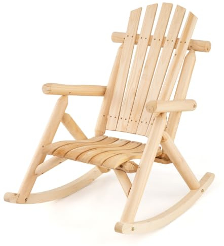 GOPLUS Silla Mecedora Adirondack de Madera Maciza para Exterior, Asiento Curvado y Respaldo Alto en Abanico, 99 x 68 x 99 cm, Capacidad 150 kg, Mueble Balanceo para Jardín, Porche o Terraza