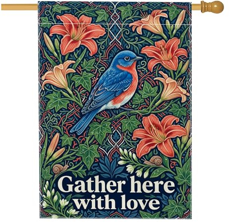 Vogelhaus-Flagge, botanische natürliche Blumenblätter, Frühlingsblau, doppelseitig, Sackleinen, draußen, große Gartenflagge für Außenbereich, Terrasse, Rasen, Eingang, Campingplatz, 71,1 x 101,6 cm